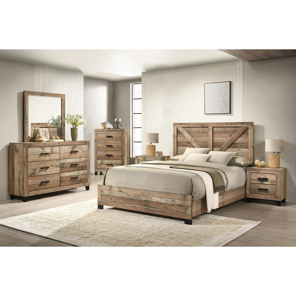 Kings Brand Furniture six piece antique natural king size bedroom set front view showing bed frame and matching dresser