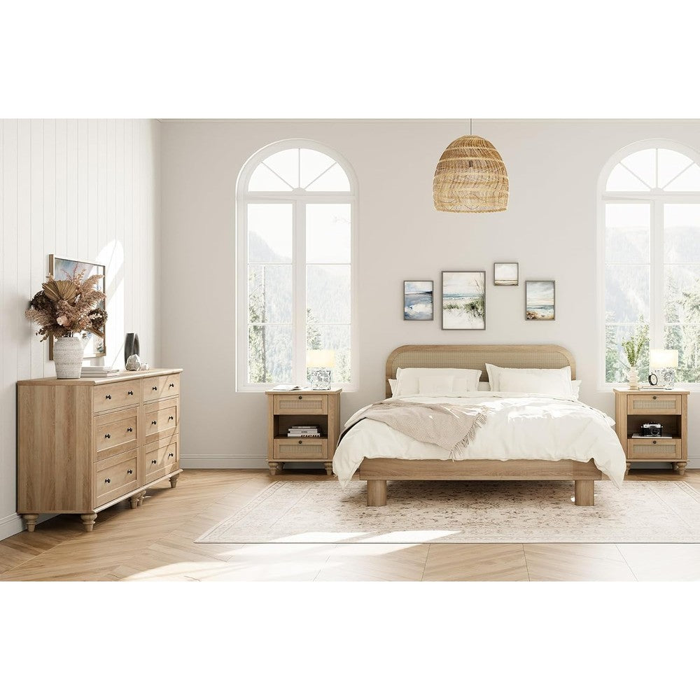 WAMPAT 4 piece dresser and nightstand set front view in a decorated farmhouse bedroom setup