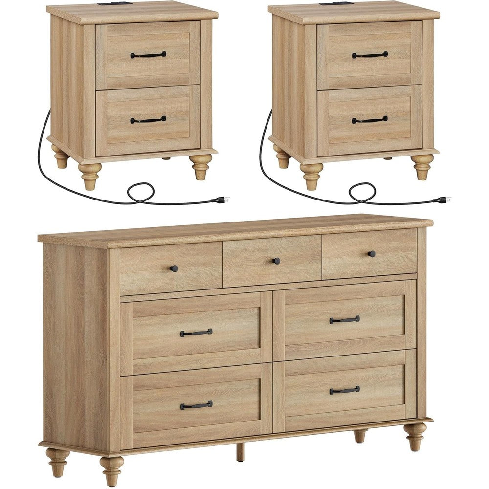 Wampat three piece bedroom furniture set front view in oak finish