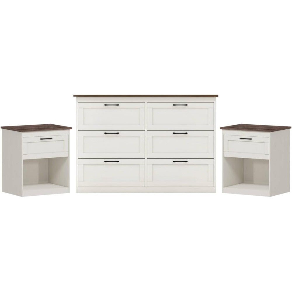 Vikiullf Farmhouse Bedroom Set front view showcasing white and brown six drawer dresser and nightstands.