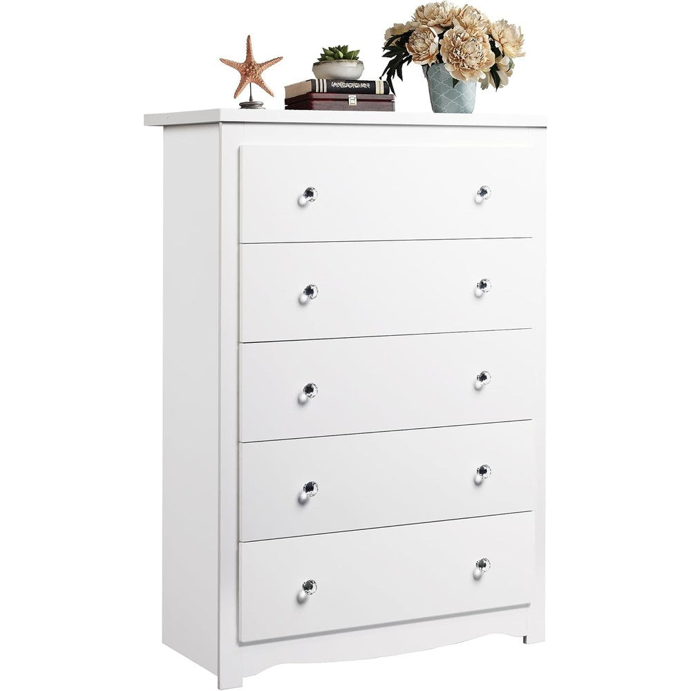 WLIVE white wood dresser front view modern five drawer storage chest for bedroom organization