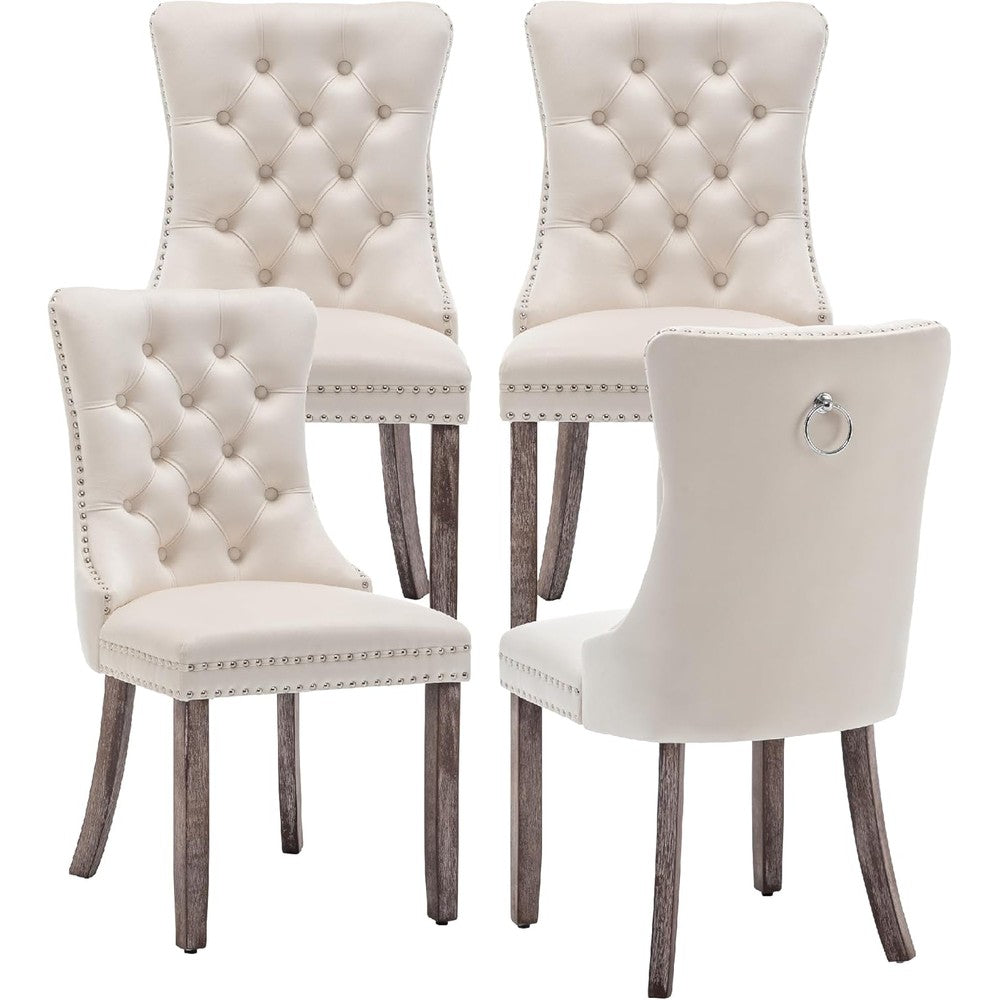Kiztir velvet dining chairs set of four front view luxury beige upholstered chairs