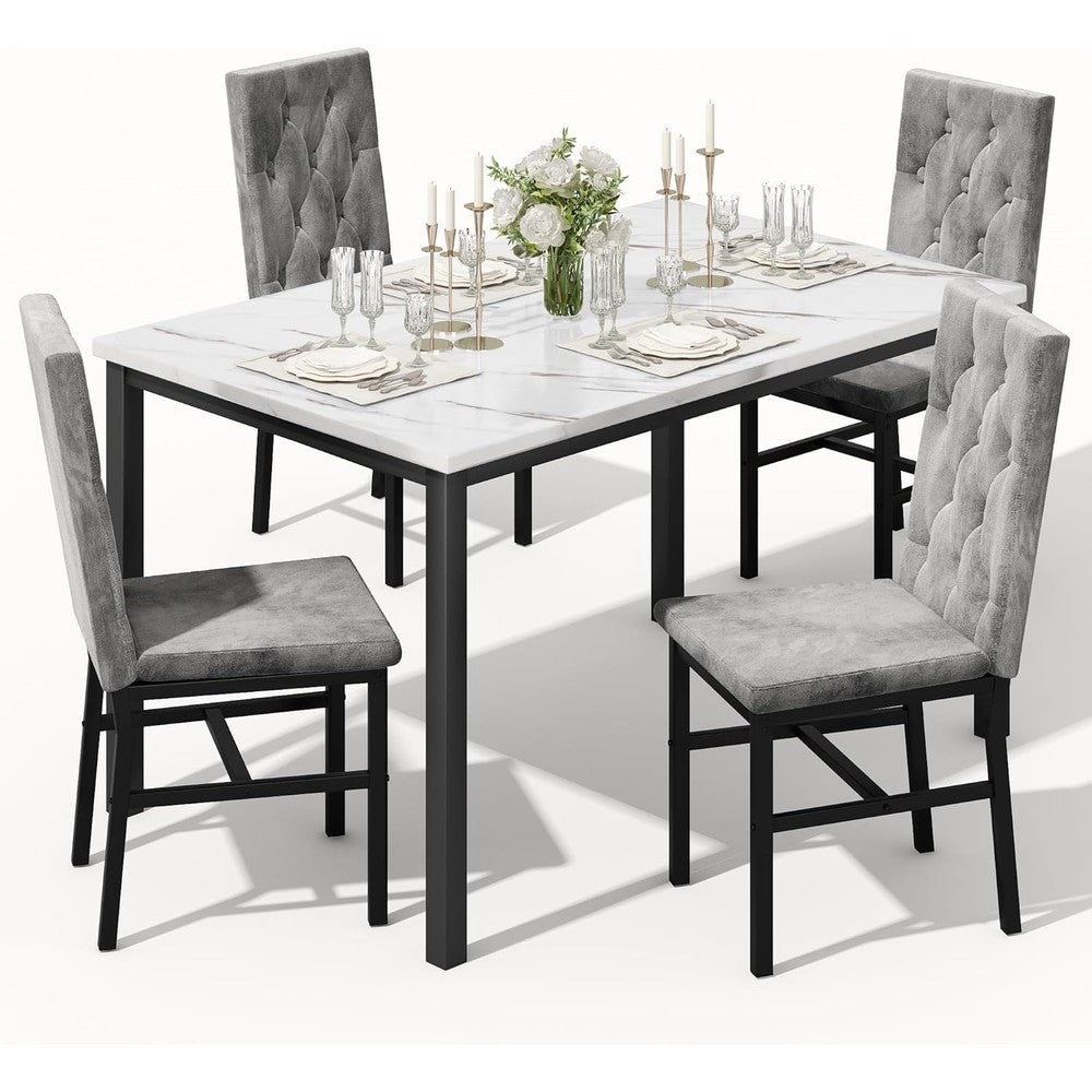 Hooseng Dining Table Set for 4 front view showcasing the faux marble tabletop and four gray velvet chairs