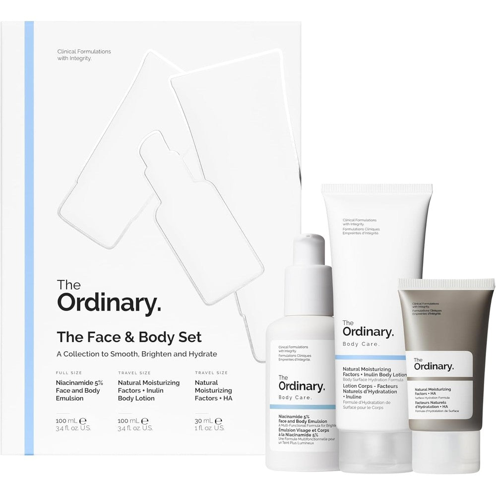 The Ordinary Face and Body Set front view showcasing three full-sized skincare products for a brightening routine.