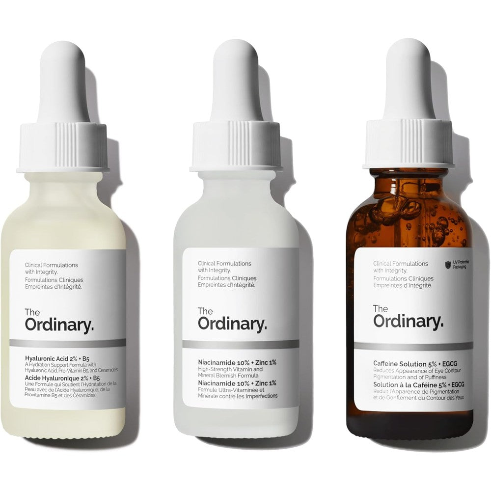 The Ordinary Serum Favorites Set front view of three 30ml bottles for skincare.