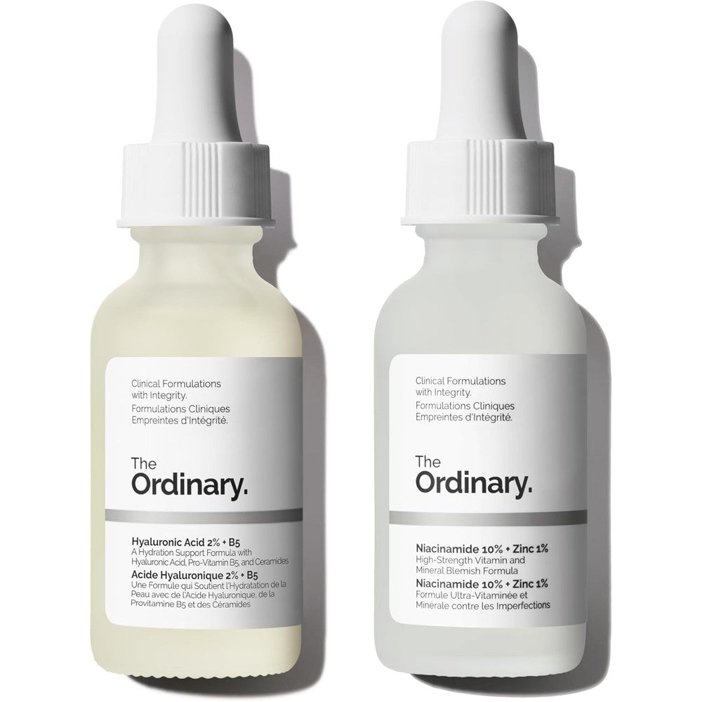 The Ordinary Skin Support Basics Duo front view showing Hyaluronic Acid and Niacinamide bottles.