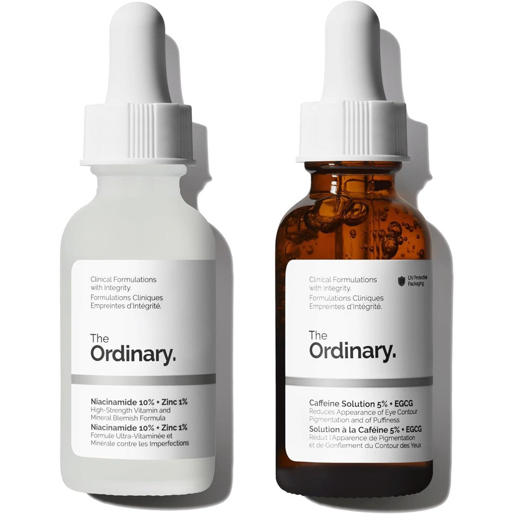 The Ordinary Dull Skin Duo front view of Niacinamide and Caffeine bottles for brightening skin.