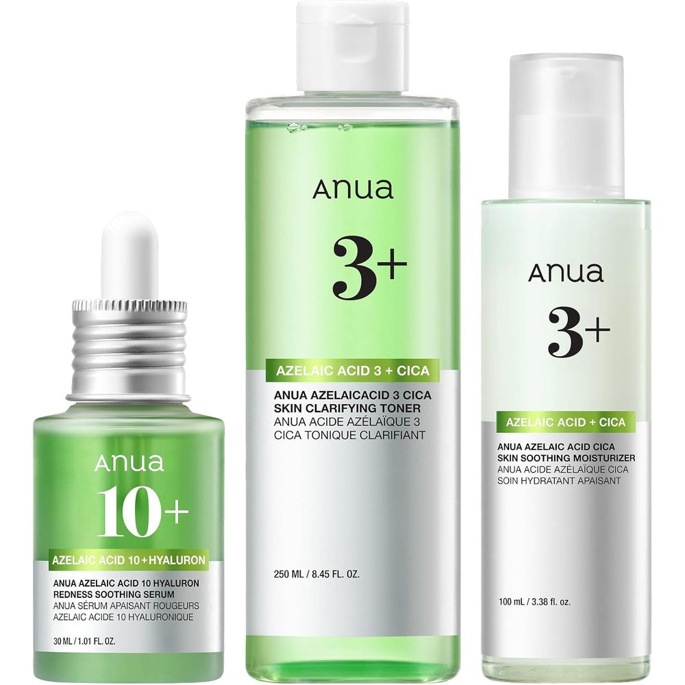 Anua Azelaic Total Soothing Trio front view showing the complete three step Korean skincare routine packaging