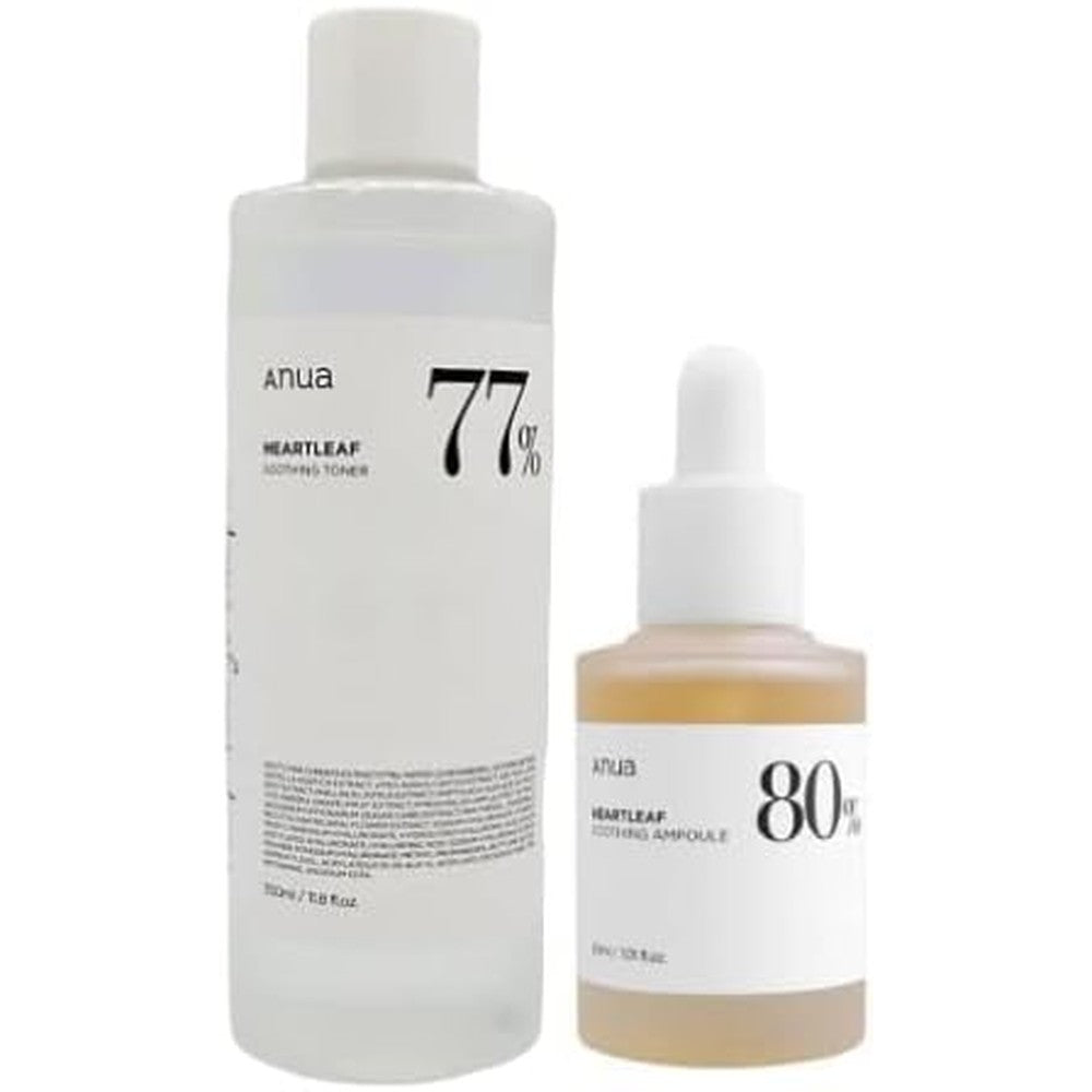 Anua Heartleaf 77 Soothing Toner 350ml and 80 Ampoule 30ml set front view for sensitive skin care