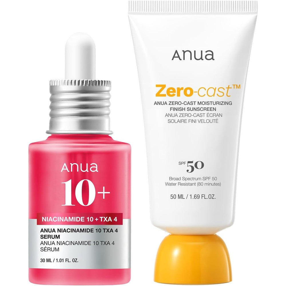Anua Ultimate Glow Protection Duo set front view with serum and sunscreen