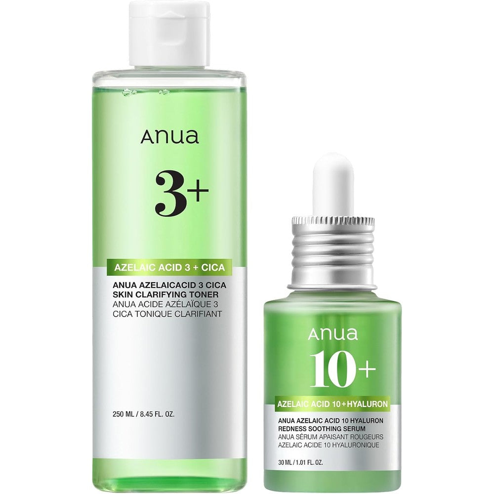 Anua Azelaic Acid Redness Care Duo front view showcasing the toner and serum bottles for sensitive skin care.