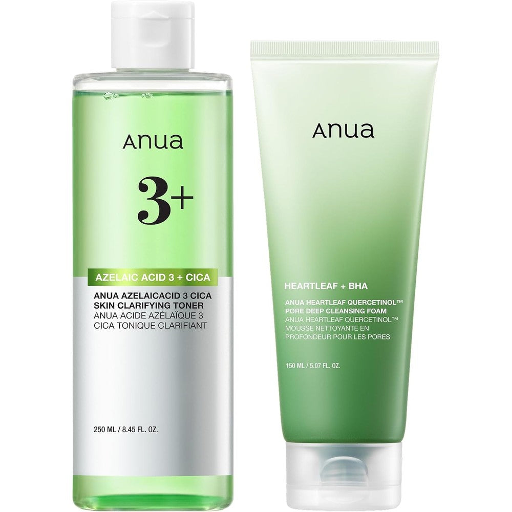 Anua Pore Care Must Have Duo front view showing cleansing foam and clarifying toner bottles for Korean skincare routine