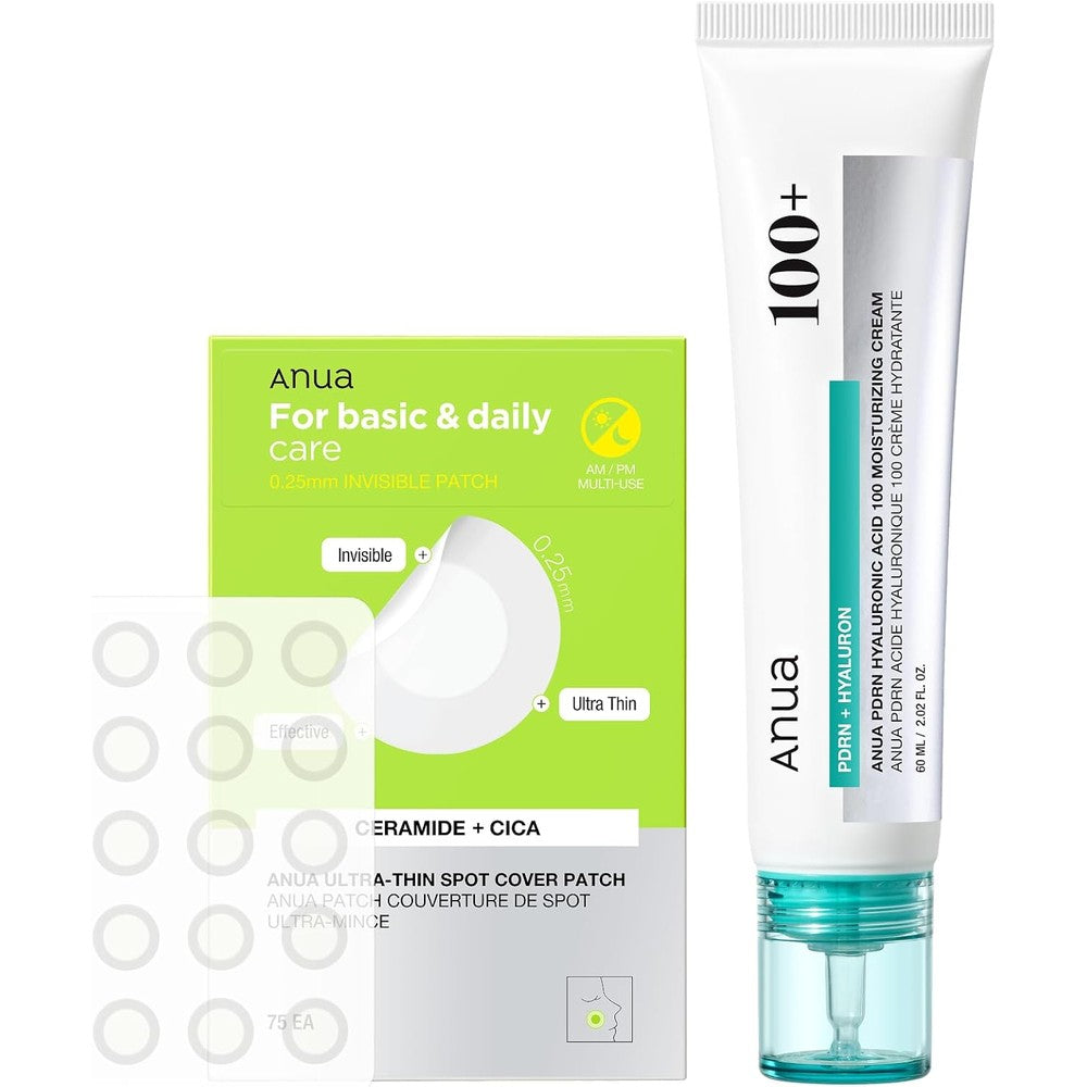 ANUA Hydration And Acne Care Set front view packaging showcasing moisturizer tube and pimple patch sheet