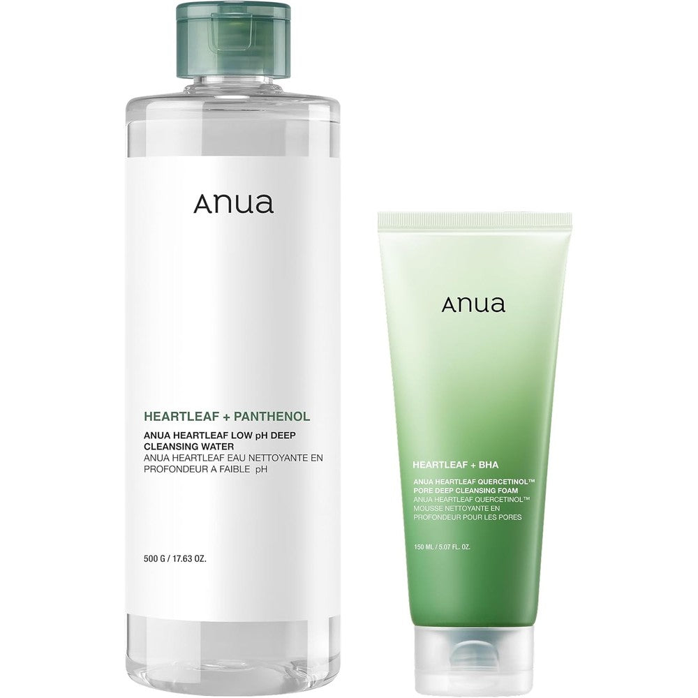 Anua Cleansing Routine Set front view showing micellar water and foaming face wash bottles