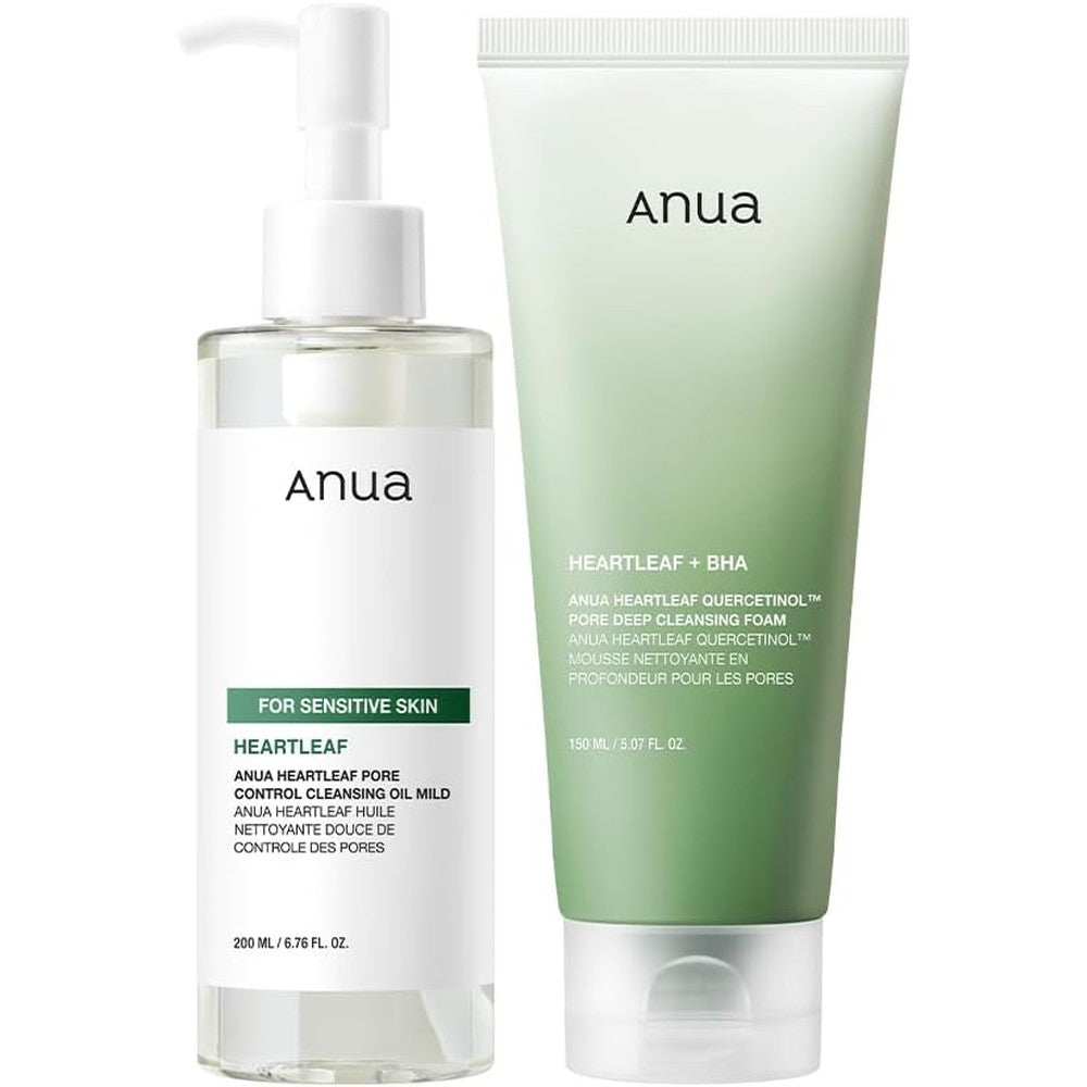 Anua Mild Double Cleanser Duo pack front view featuring the cleansing oil and pore deep face wash bottles.