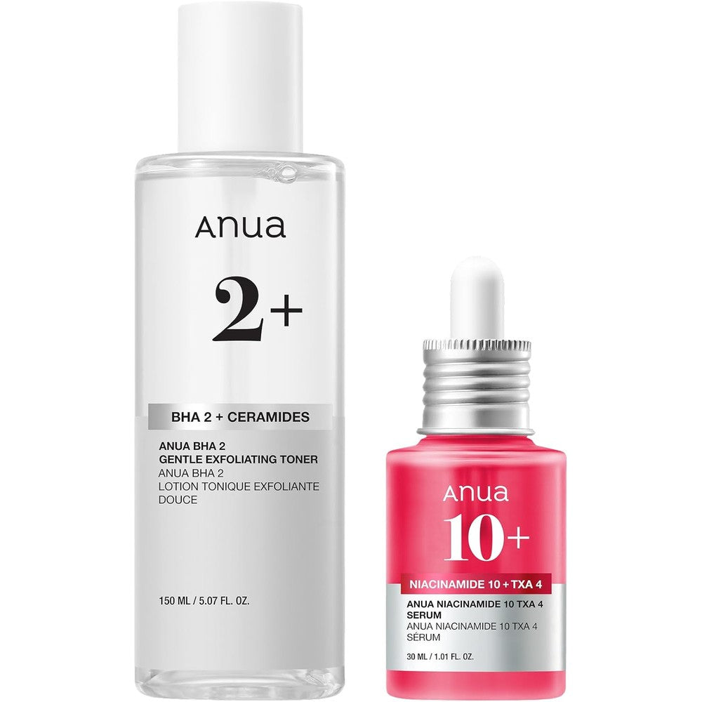 Anua Two Percent BHA and Ten Percent Niacinamide Skin Booster Duo set front view showing bottle and dropper packaging for Korean glass skin.