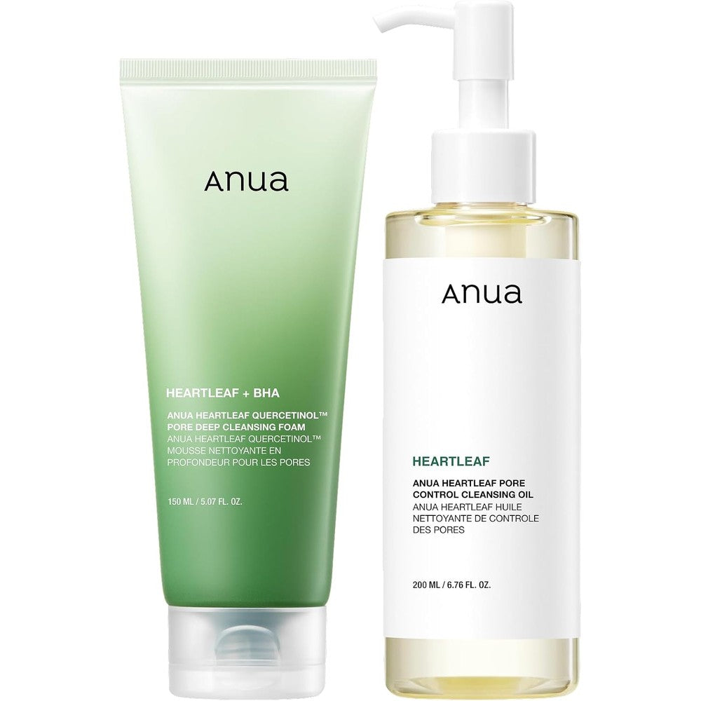 ANUA Double Cleansing Duo front view showing oil and foam cleanser bottles.
