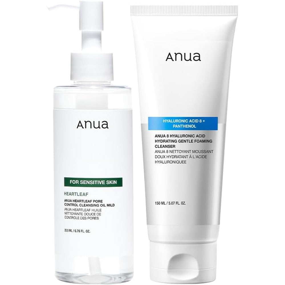 ANUA Gentle Double Cleanser Duo packaging showing front view of oil and foam cleansers for Korean skincare routine
