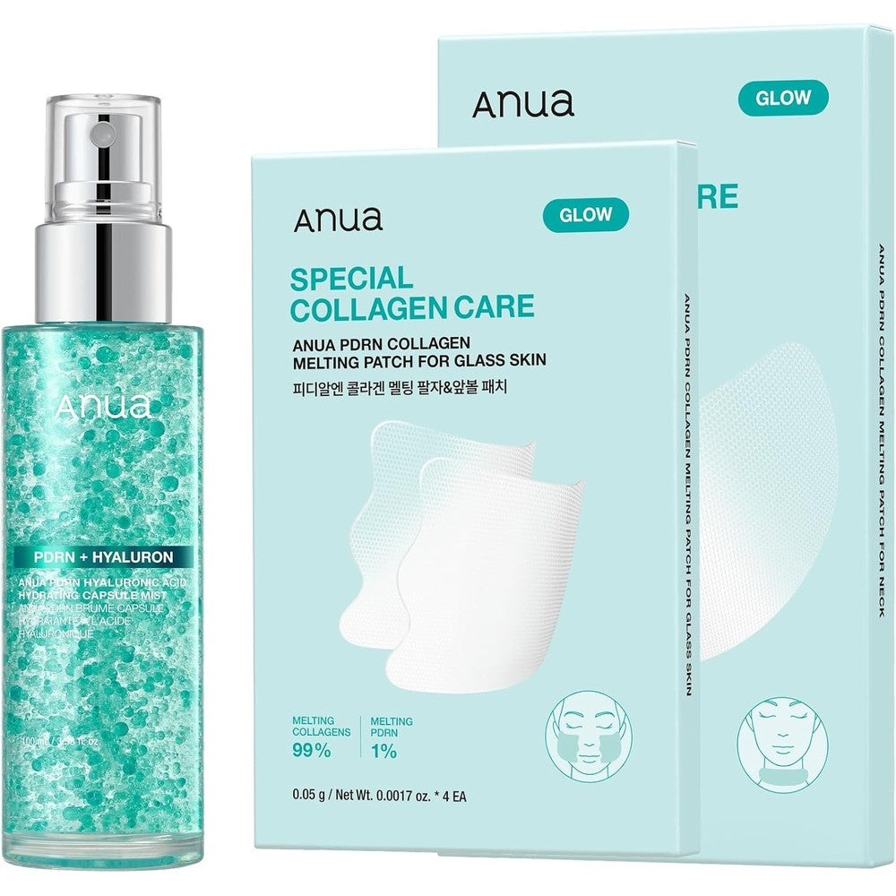 Anua PDRN Collagen Plumping and Firming Care Set front view showcasing the serum spray and melting patches for Korean skincare routine