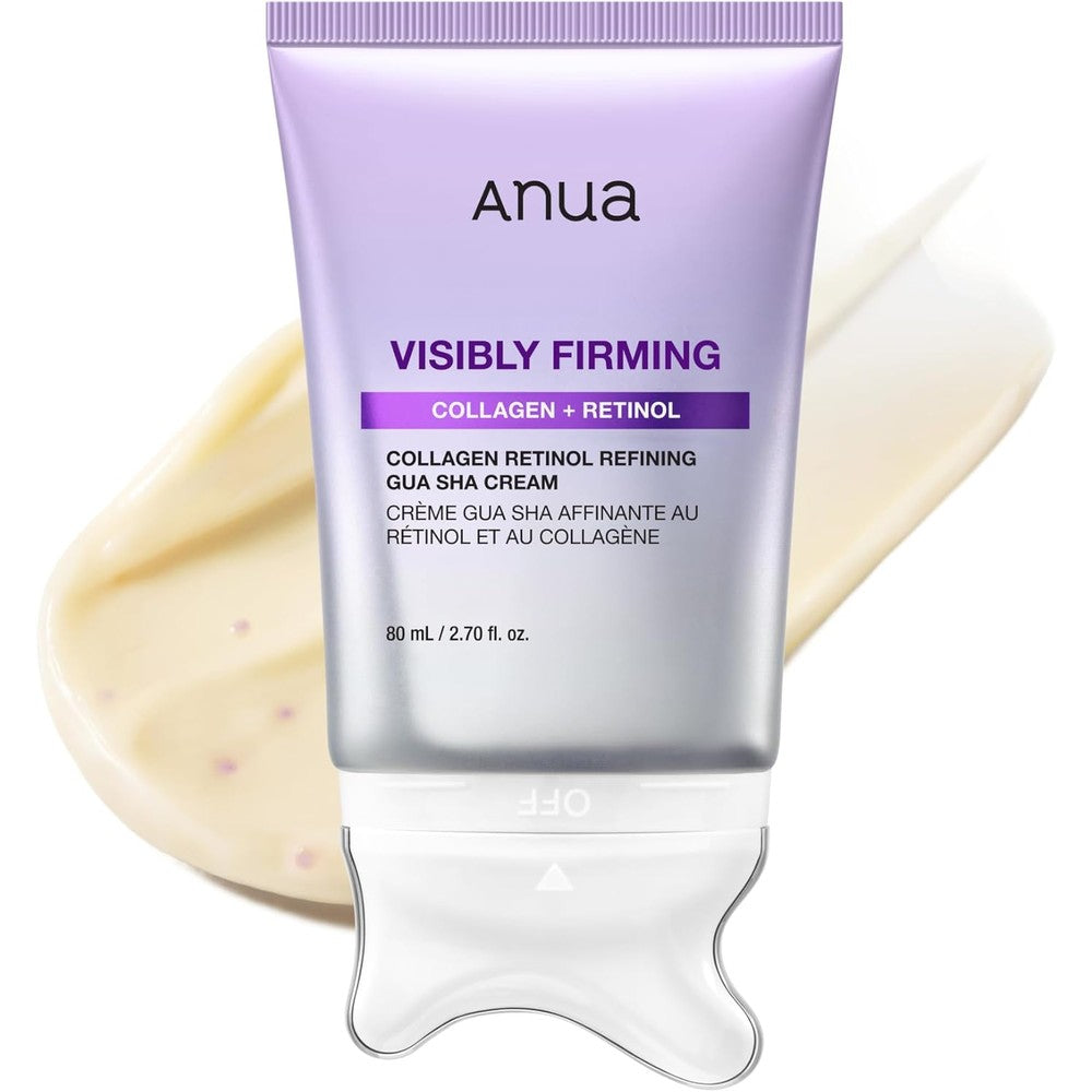 Anua Collagen Retinol Refining Gua Sha Cream front view of the tube showing the built-in metal massager applicator for jawline sculpting