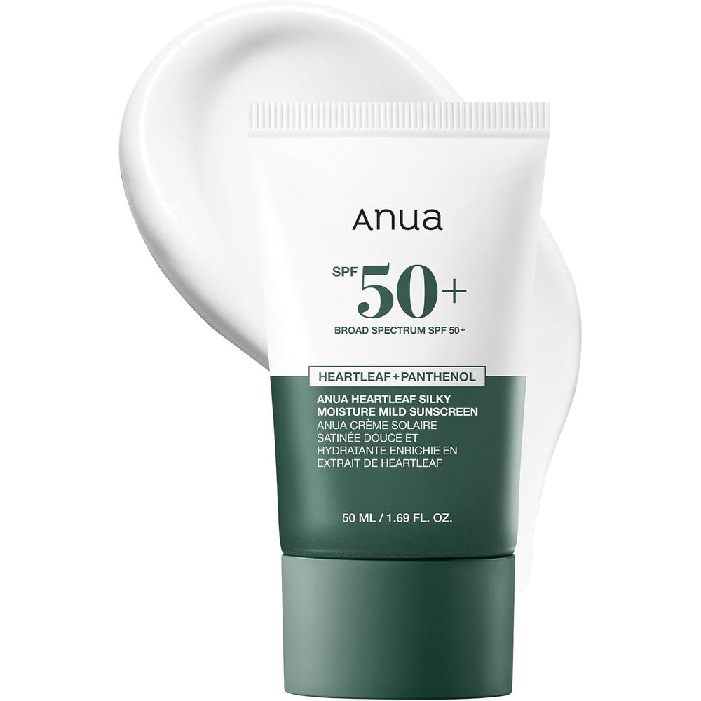 Anua Heartleaf Silky Moisture Mild Sunscreen 50ml tube front view showing SPF 50 packaging
