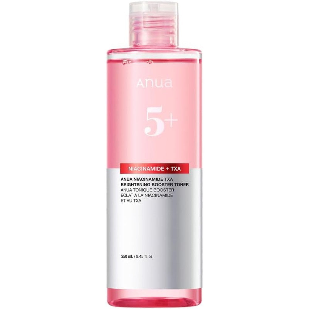 Anua Niacinamide Tranexamic Acid Brightening Booster Toner front view bottle showcasing the lightweight pink essence liquid.