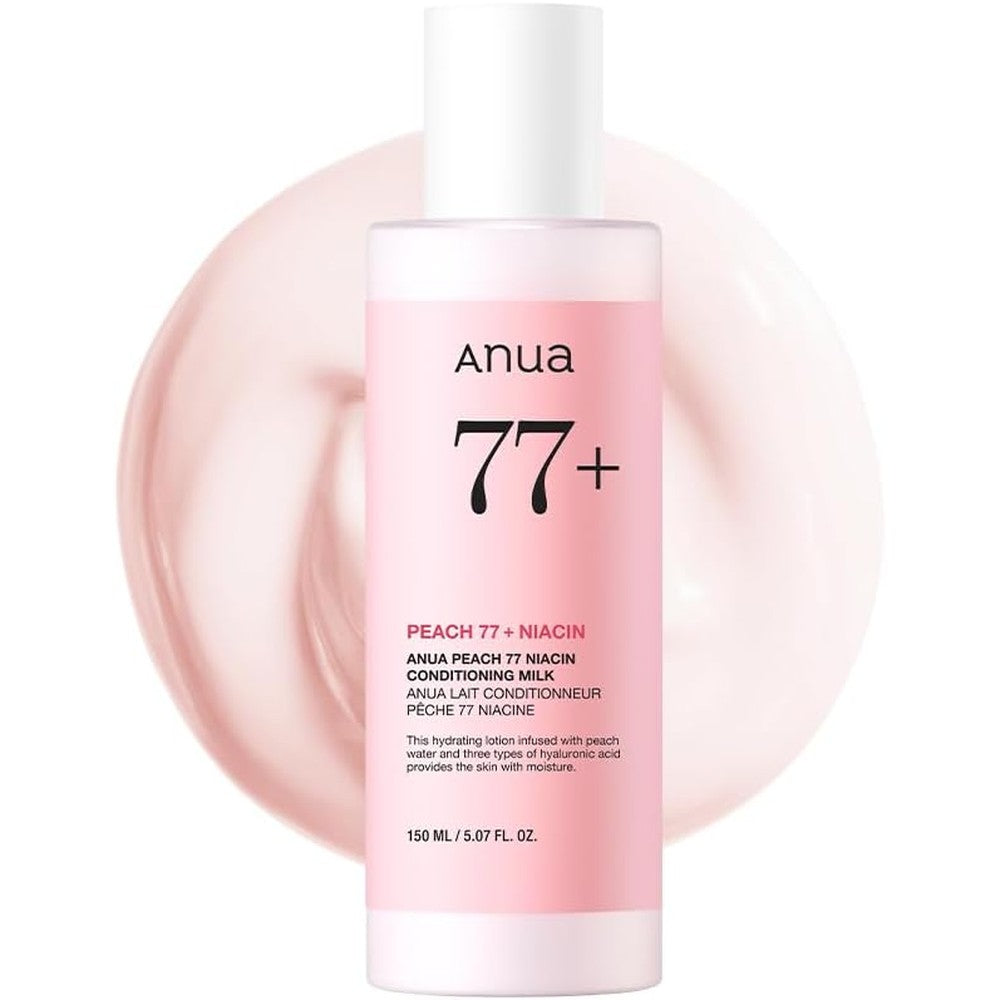 Anua Peach 77 Niacin Conditioning Milk bottle front view for glass skin