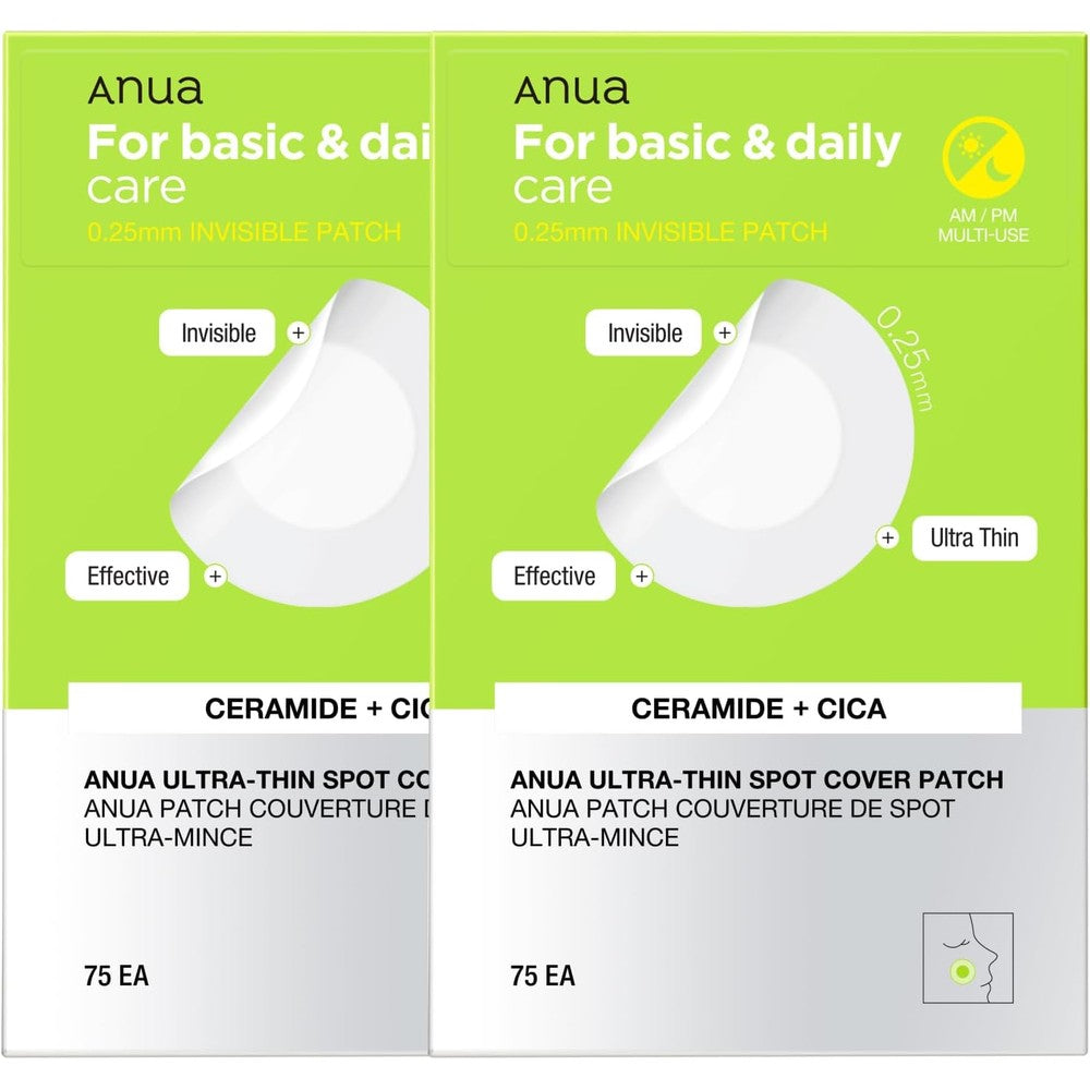 Anua Ultra-Thin Spot Cover Patch front view packaging of the invisible hydrocolloid acne patches.