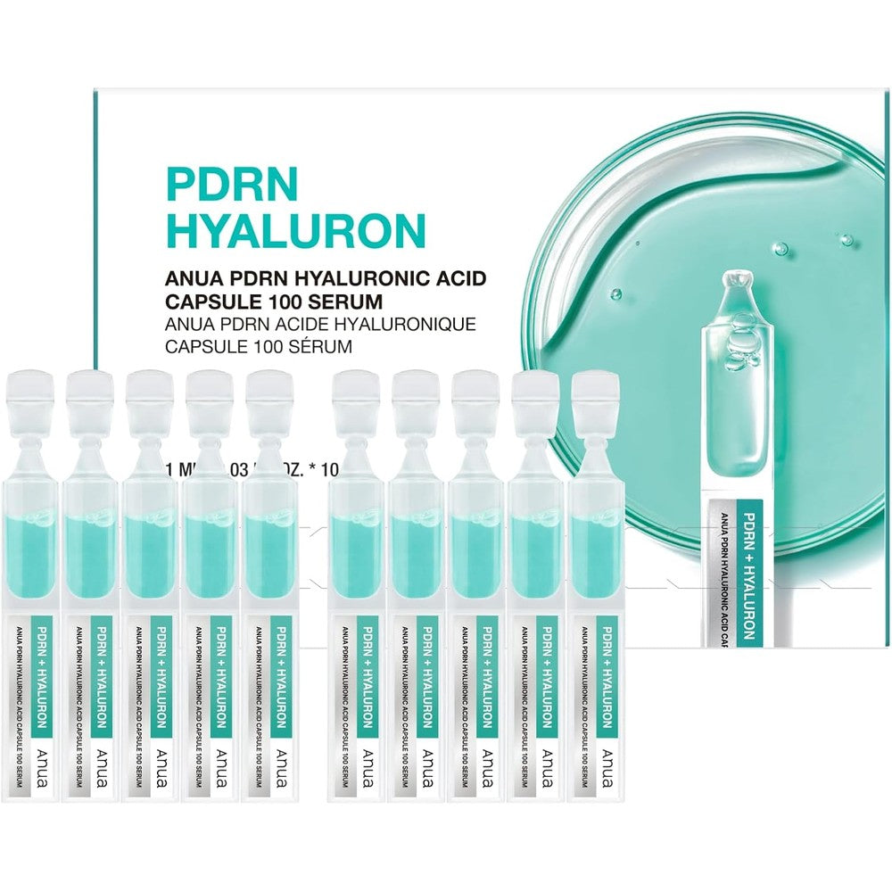 Anua PDRN Hyaluronic Acid Capsule 100 Serum front packaging showcasing the capsule box