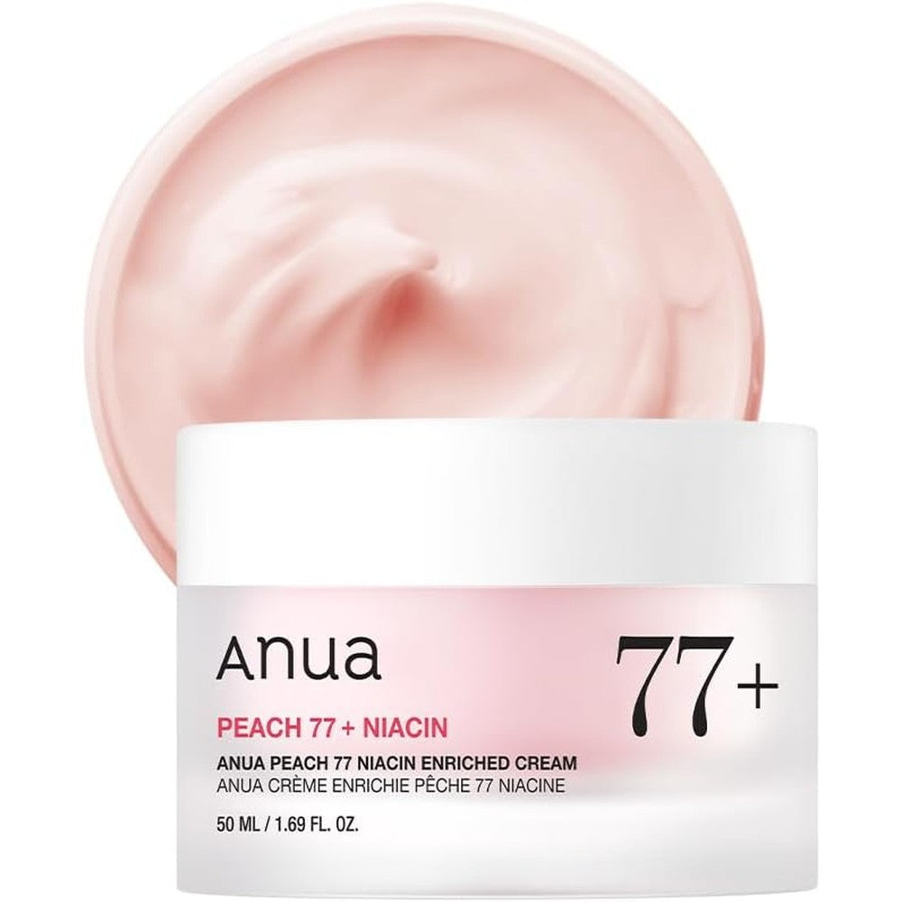 Anua Peach 77 Niacin Enriched Cream front view of jar and packaging for Korean glass skin.