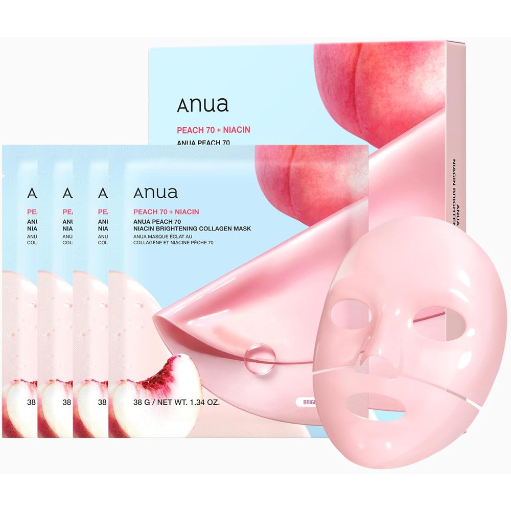 ANUA Peach 70 Niacin Brightening Collagen Mask front packaging view showcasing the Korean glass skin overnight treatment.
