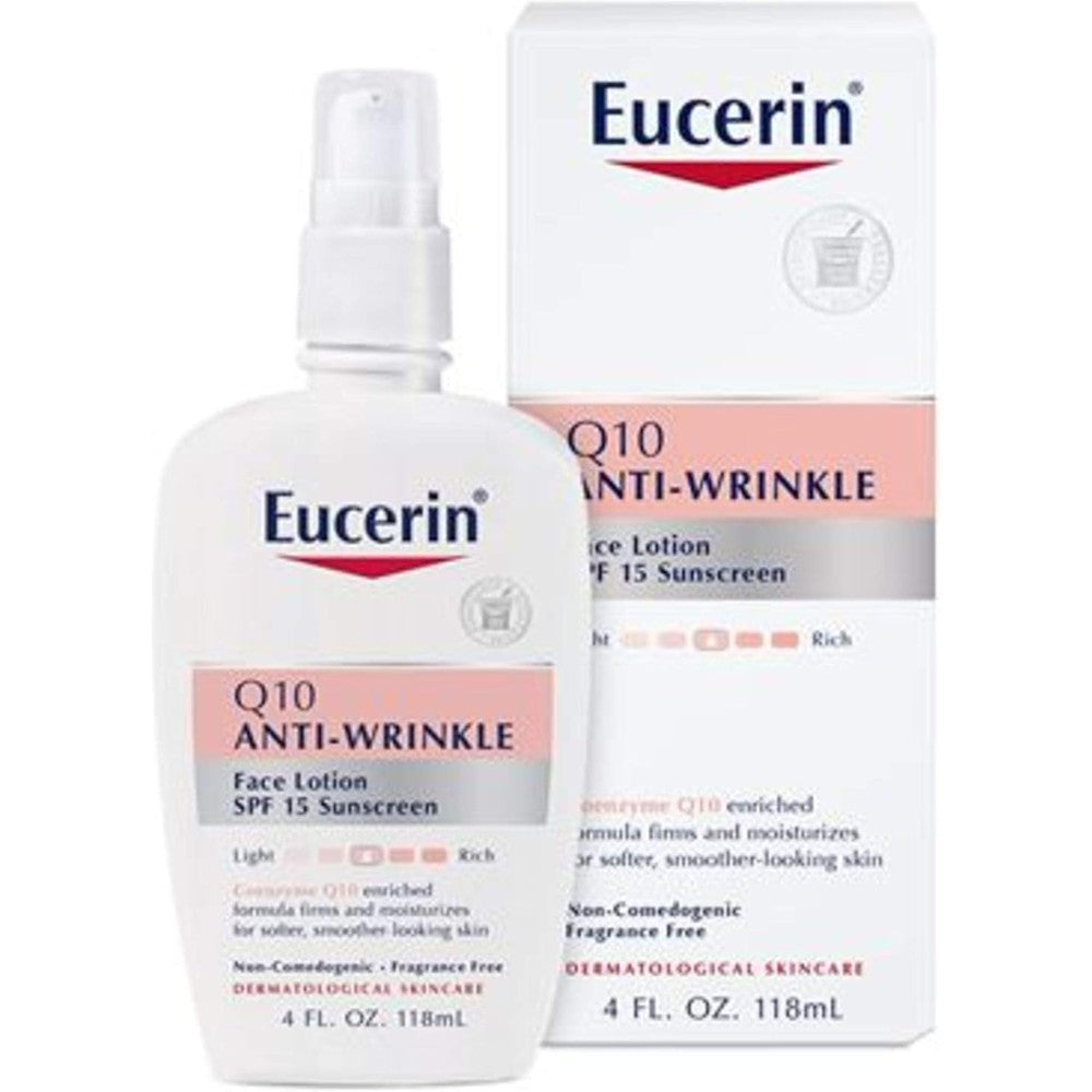 Eucerin Q10 Anti Wrinkle Sensitive Skin Lotion With SPF 15 Daily Moisturizer For Fine Lines Fragrance Free 4 Fluid Ounce Bottle