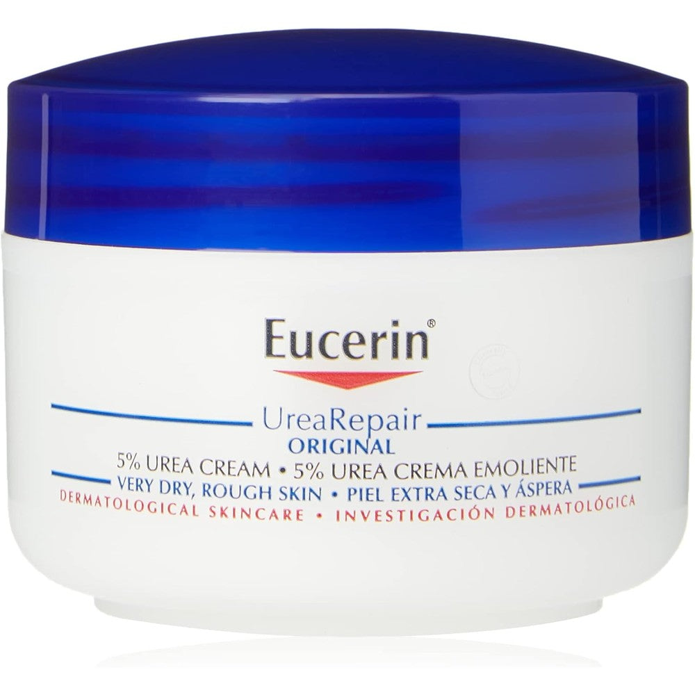 Eucerin Dry Skin Replenishing Cream front view bottle showing five percent urea moisturizer packaging
