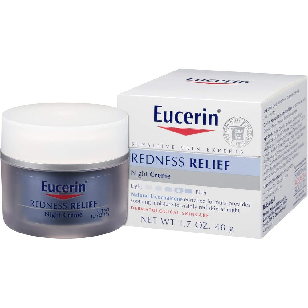 Eucerin Redness Relief Night Creme front view jar for sensitive skin care