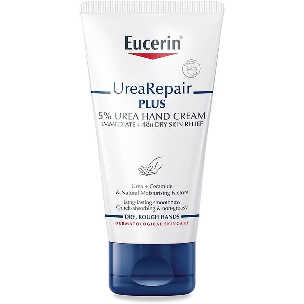 Eucerin UreaRepair Plus 5 percent Urea Hand Cream 75ml tube front view showing product branding