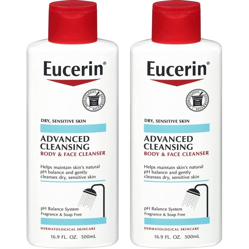 Eucerin Advanced Cleansing Body and Face Cleanser pack of 2 front view showing authentic imported packaging for dry sensitive skin.