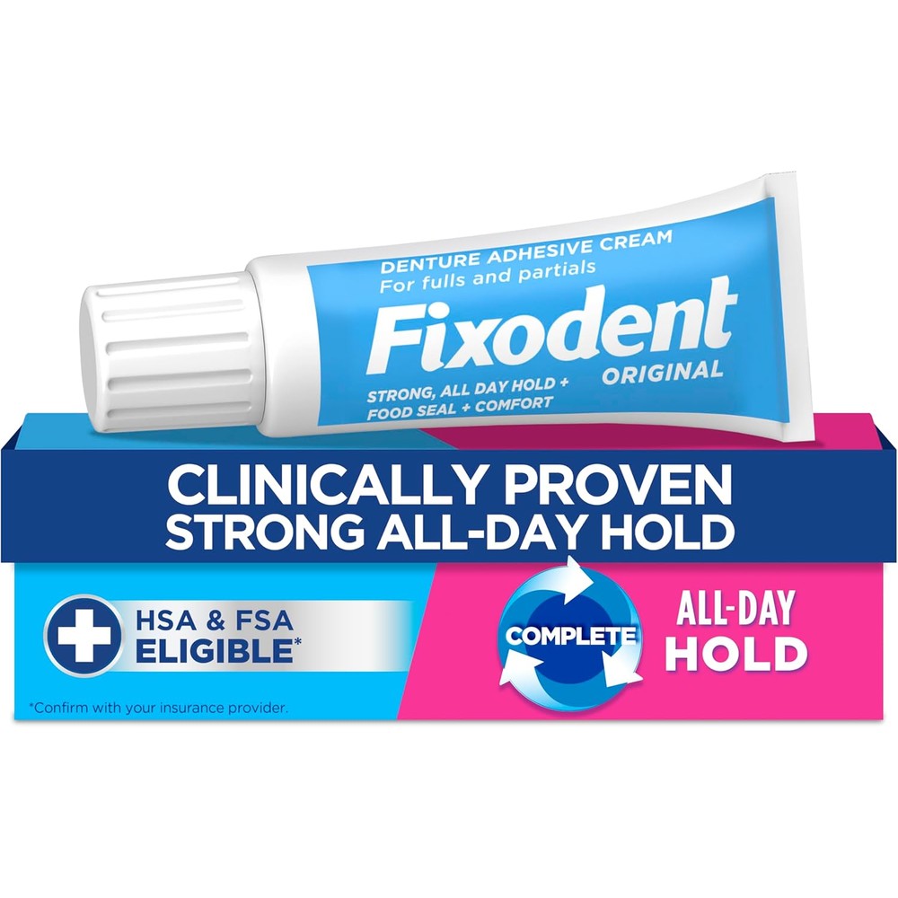 Fixodent Complete Original Denture Adhesive Cream front view of travel size tube