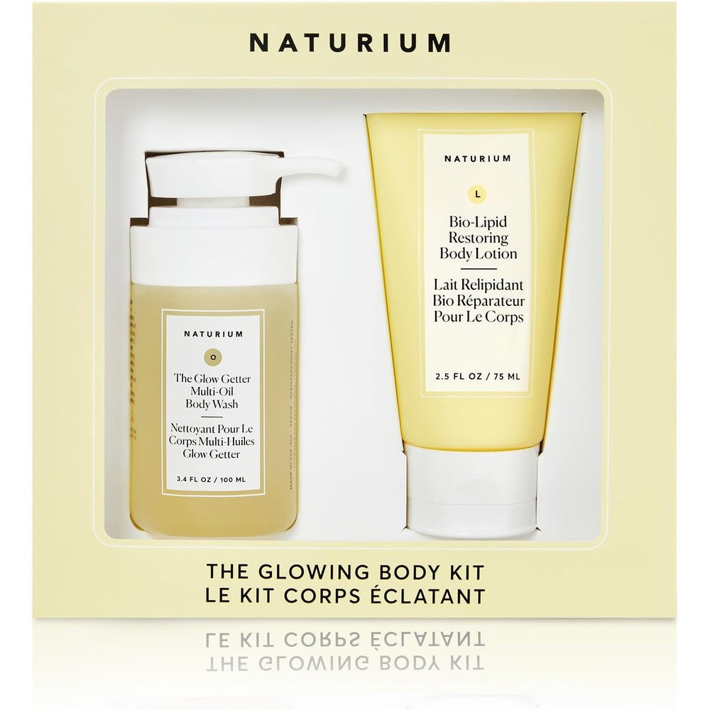 Naturium The Glowing Body Kit travel set showing body wash and lotion front view.