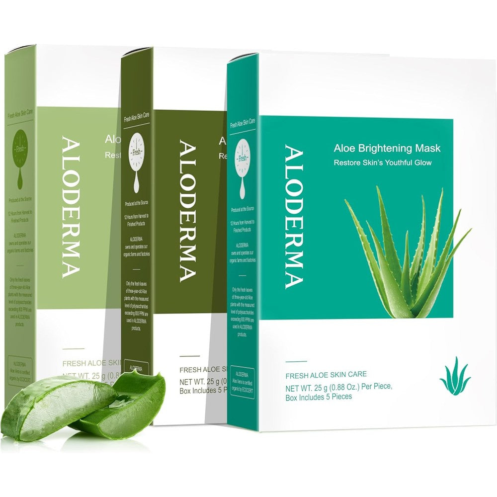 Aloderma Aloe Face Sheet Mask Set front view of packaging showing the hydrating brightening and firming variants