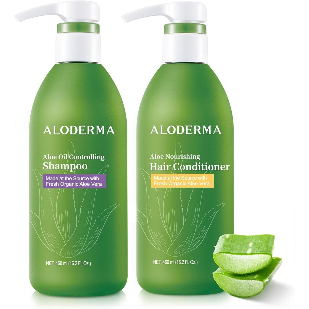 Aloderma brand aloe vera hair care set with oil controlling shampoo and conditioner