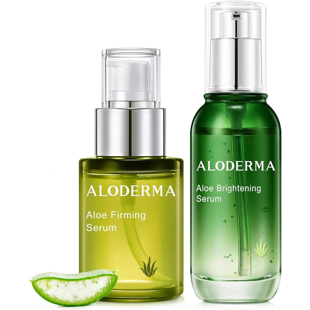 Aloderma Aloe Face Serums Set front view showing Firming and Brightening bottles