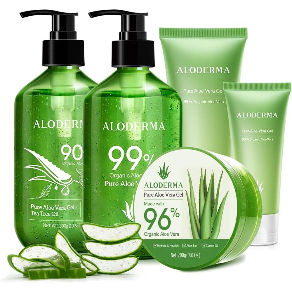 Aloderma brand 6 piece aloe vera gel set for intensive face and body skin care