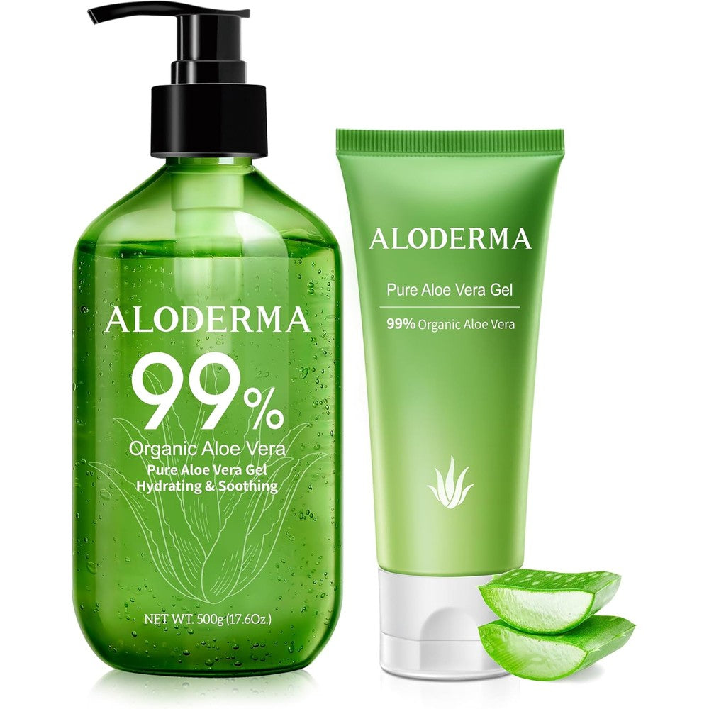 Aloderma Aloe Vera Gels Set front view showing the five hundred gram pump dispenser and one hundred fourteen gram jar packaged together