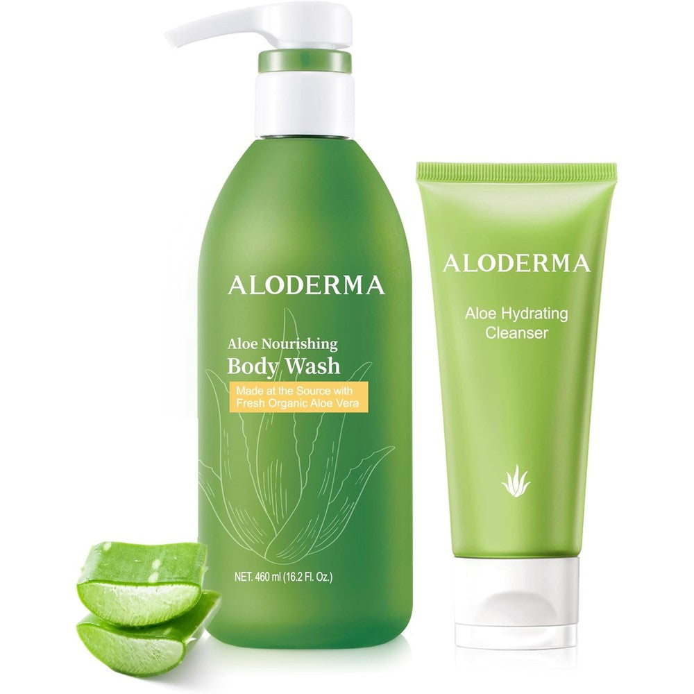 Aloderma Aloe Shower Set front view showing body wash and facial cleanser bottles.