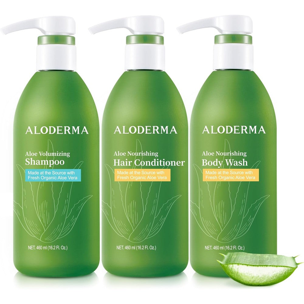 Aloderma Aloe Volumizing and Hydrating Set front view showcasing shampoo conditioner and body wash bottles