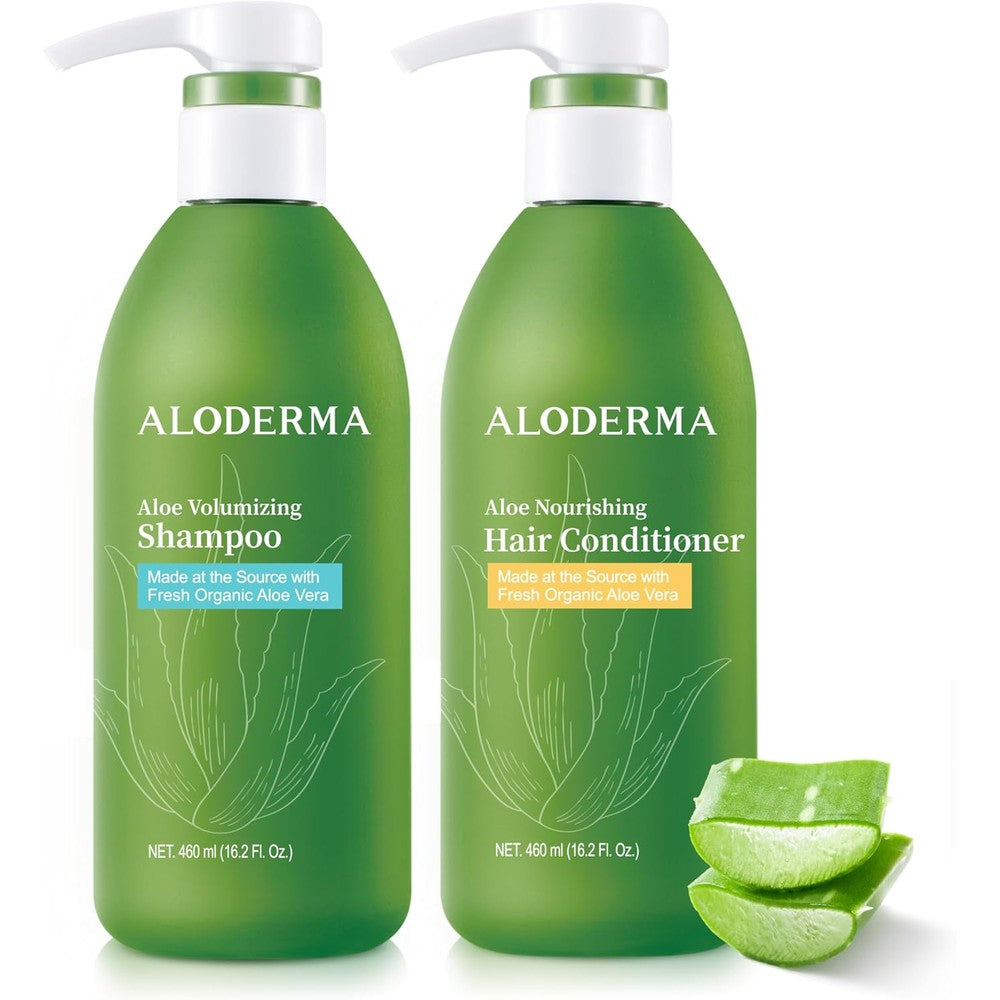 Aloderma Aloe Vera Hair Care Set front view showing volumizing shampoo and nourishing conditioner bottles.