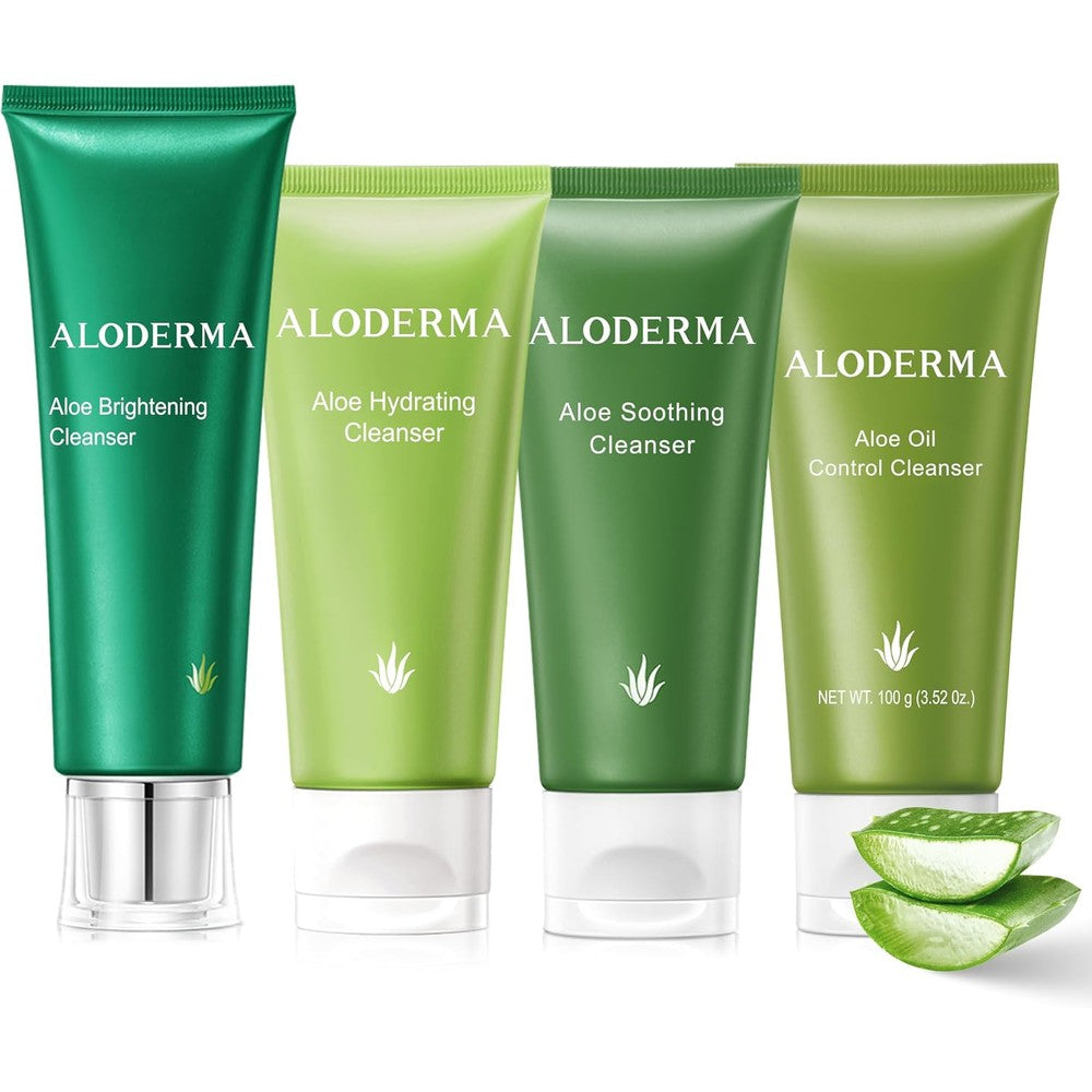 Aloderma Aloe Cleanser Set front view showcasing four separate colorful tubes