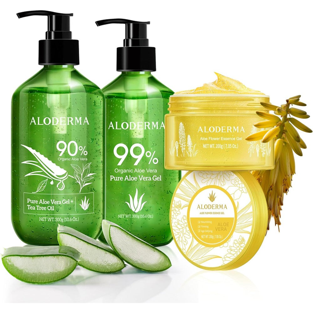 Aloderma brand 3 pack aloe vera gel set with tea tree oil and flower essence
