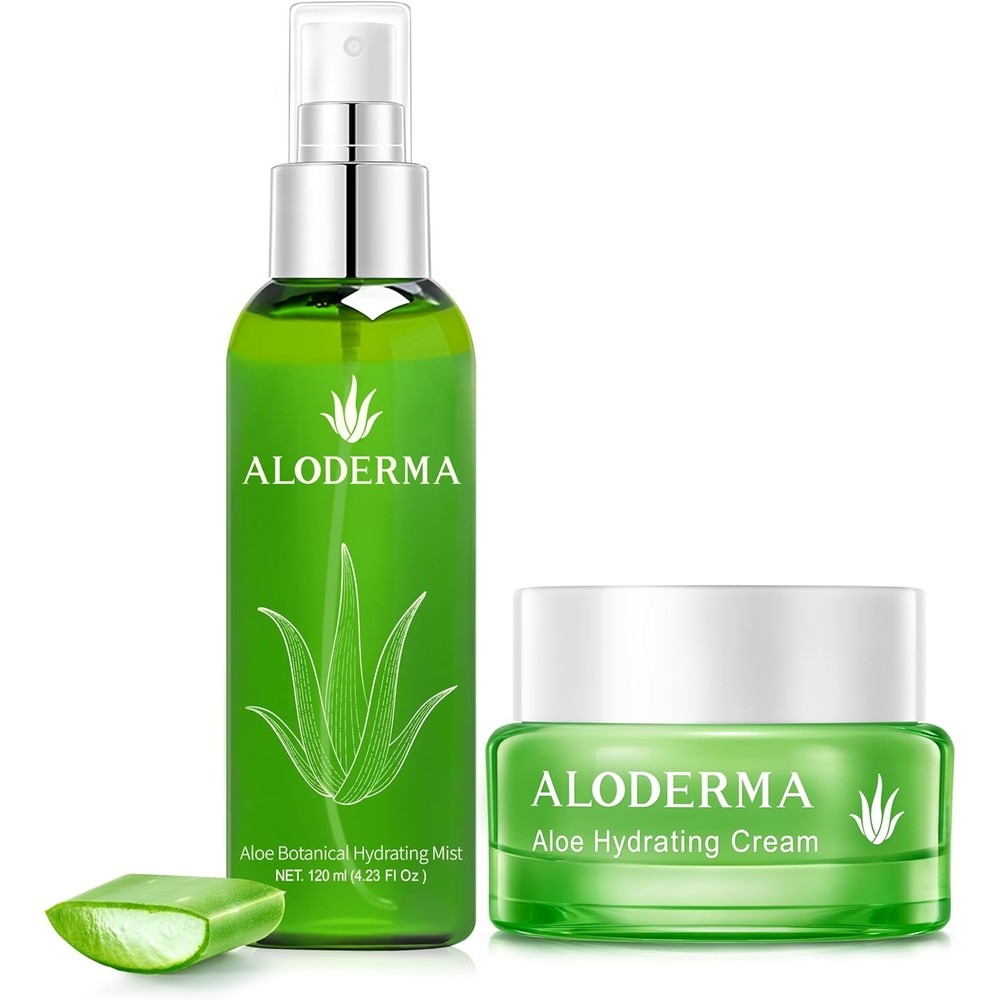 Aloderma Aloe Hydrating Set front view showcasing the moisturizing cream and mist spray bottle.