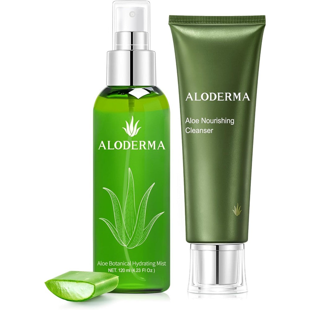 Aloderma Aloe Nourishing Set front view displaying the cleanser and hydrating mist bottles
